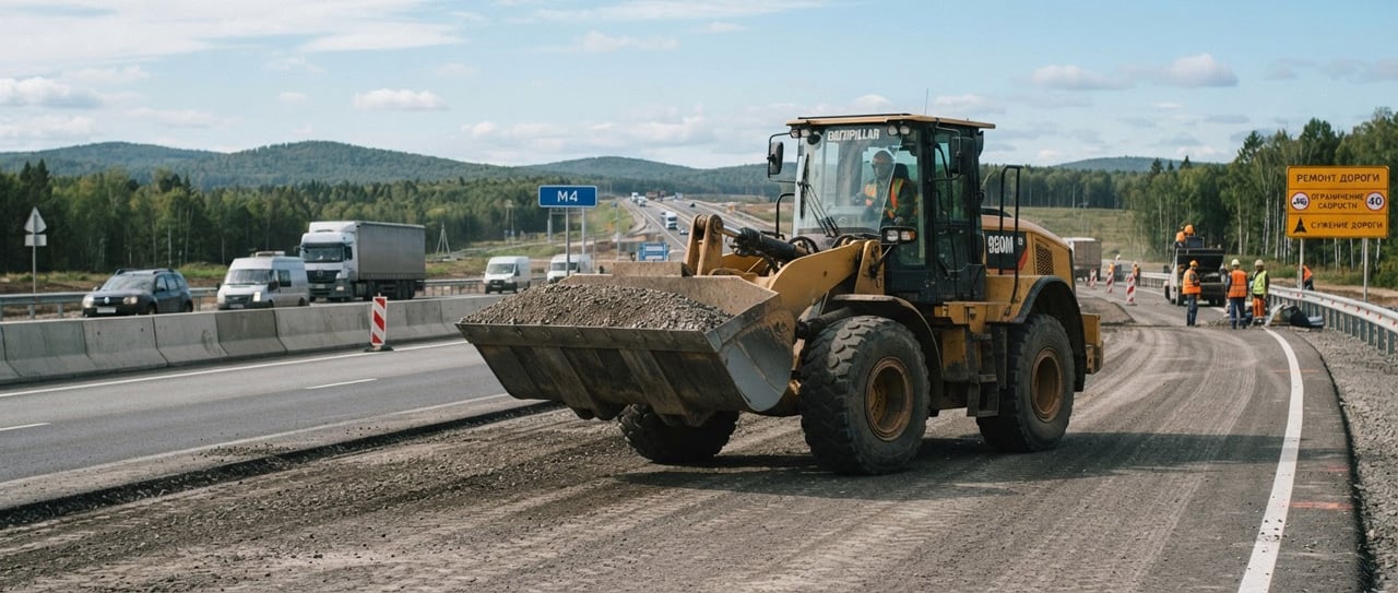 Фронтальный погрузчик работает на загородной трассе